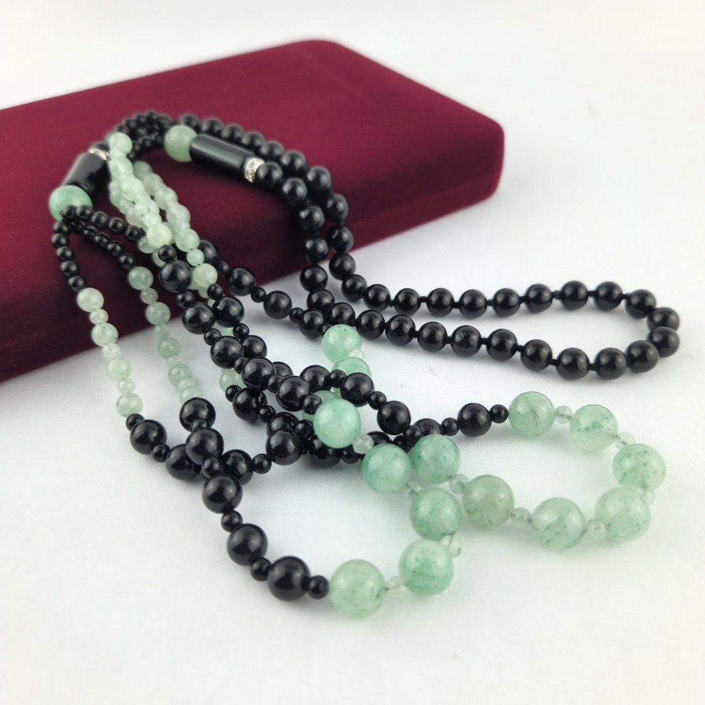 Vintage‎ Multi Strand Black Green Bead Necklace Rhinestone Rondelle Spacer
